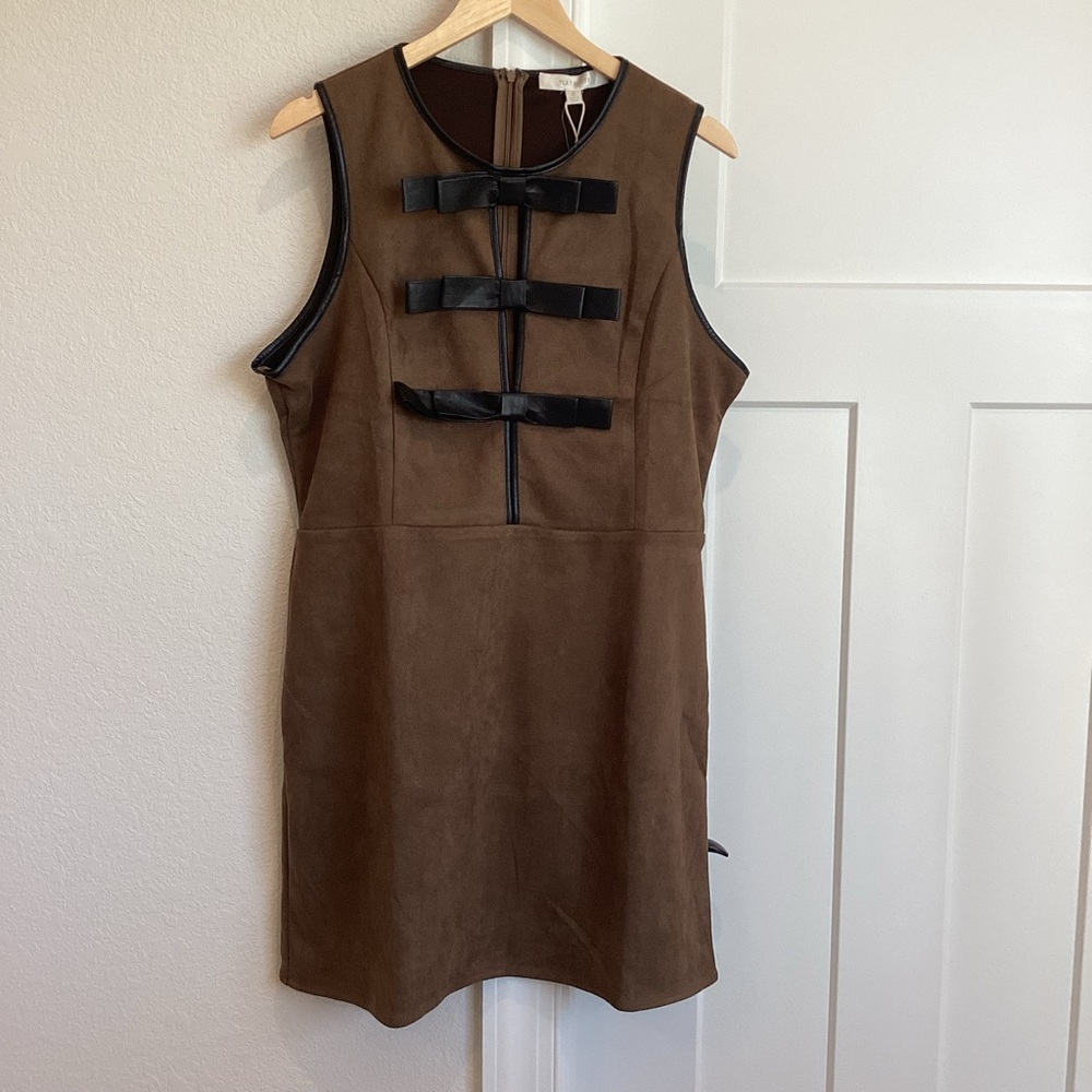 Anthropologie Flat White Faux-Suede Sleeveless Leather Bow-Trim Mini Dress - Picture 6 of 15